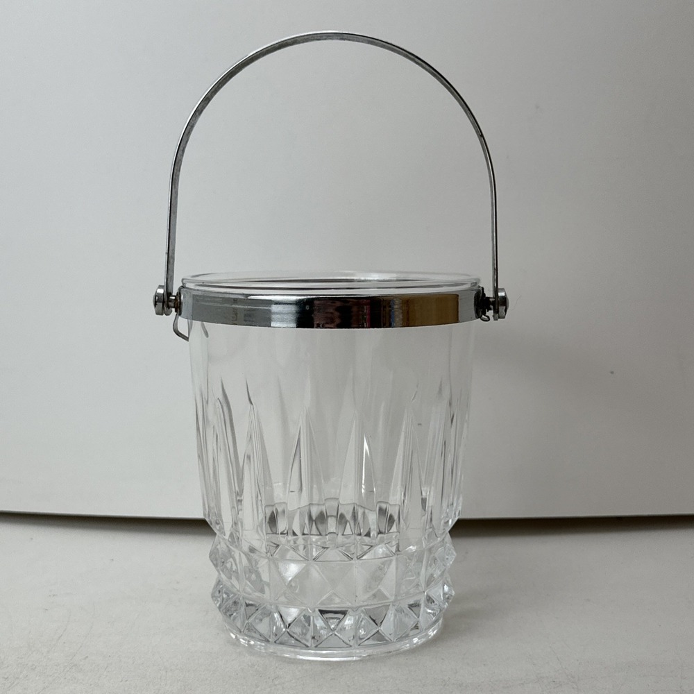 Vintage French Crystal D'Arques Glass Ice Bucket Clear Chrome Handle 5"